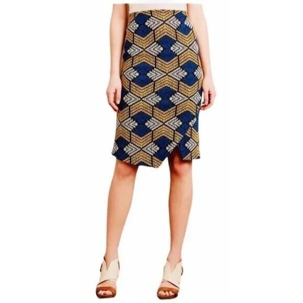 Maeve Kanara Pencil Skirt Womens 2 Blue Yellow Geometric Faux Wrap Soft Stretch
